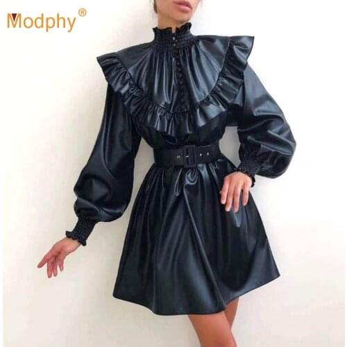 Winter Pu Leather Ruffle A-line Dress Vestidos Sexy Stand Collar Lantern Long Sleeve Belt Celebrity Club Party Dress 2020 New