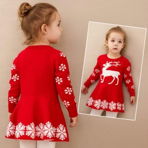 Girls Dresses Long Sleeve Deer Snowflake Print Knitting Sweaters New Year Costume Princess Dress Kids Christmas Clothes Vestidos
