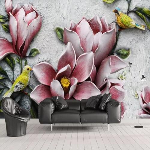 Custom Wallpaper 3D Relief Magnolia Flower Bird Photo Wall Murals Living Room TV Sofa Bedroom Home Decor Wall Sticker 3D Poster