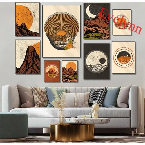 Sun Moon Stars And Mountain Posters,Boho Art,Burnt Orange Print,Bedroom Wall Art, Mountains Landscape, Home Decor Canvas Gift