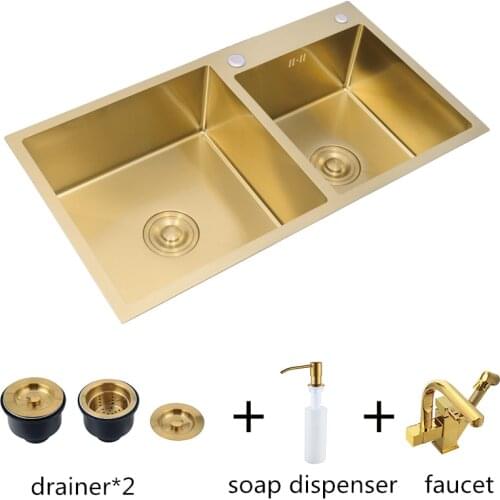 Nano-coating Sinks Vegetable Washing 304Stainless Steel Kitchen Sinks Gold Double Bowl with tap Above Counter