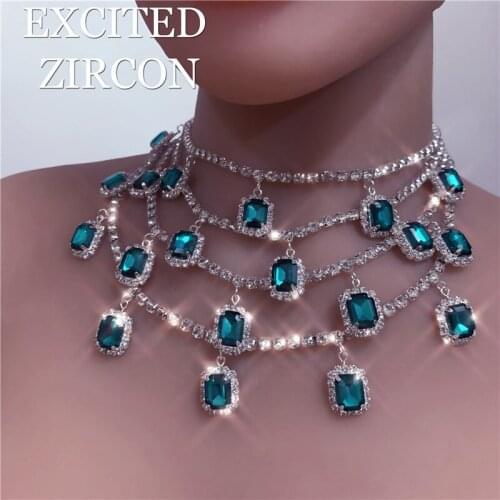 Luxury Big Green Pendant Necklace Rhinestone Multi Layer Choker Necklace Vintage for Women HipHop Crystal Link Chain Necklace