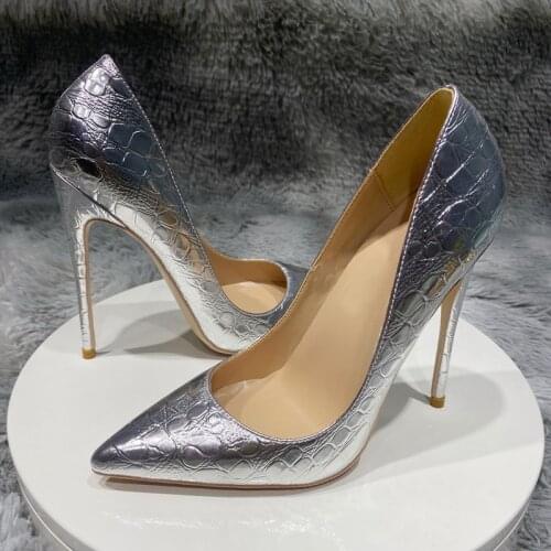 Silver pumps 12cm high heeled shoes women fashion ladies sexy 10cm pointed toe shoes 8cm heel plus size 45 QP115 ROVICIYA