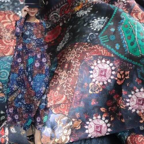 Antique Natural Pure 100% ramie Linen cloth Printed fabric for dresses robe Summer thin tissu diy handmade Sewing DIY