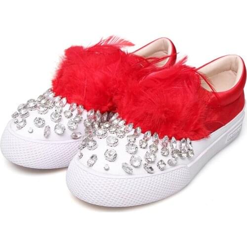 Spring Girls Bird Feather Bling Rhinestones Studs Casual Shoes Ladies Thick Sole Slip on Women Crystal Flats Board Shoes