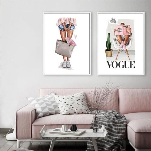Female Fashion Modern Nordic Style Canvas Painting Ins Pink Flowers and Green Plants VOGUE Wall Picture for Bedroom Living Room