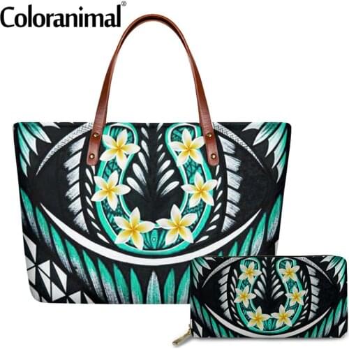 Coloranimal Tribal Style Polynesian Plumeria Pattern Women Tote Handbag Pretty Lady 2Pcs/Set Shoulder Bag&Wallet Messenger Bag