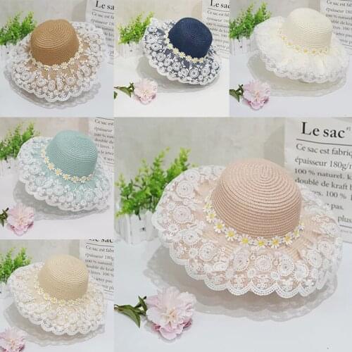 1PC Boho Straw Hat Sunflowers Print Lace Sunhats Breathable Cute Toddler Kids Beach Fashion Sun Protection Vacation Princess Hat