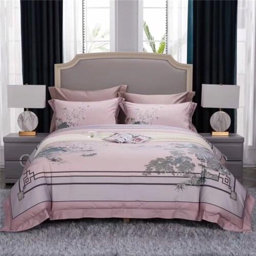 2020 Luxury 600TC Egypt Cotton Chinese Style Bedding Set Printed Duvet Cover Soft Smooth Flat Sheet Pillowcases 4Pcs