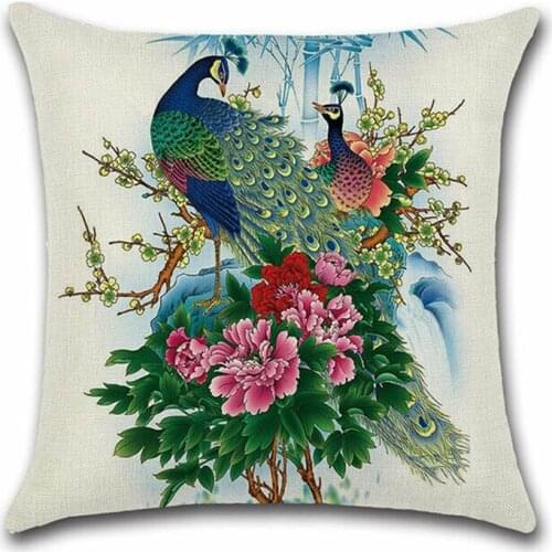 6 PCS Peacock Feather Pattern Pillowcase Linen Pillow Cover Home Decor Square Cushion Cover Printing Pillow Case