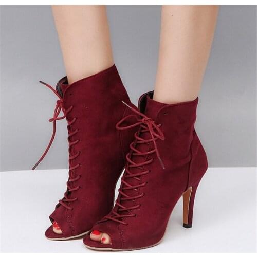 Open Toe High Heel Womens Summer Boots Roman Style Autumn Ankle Boots Lace-Up Suede Fashion High Heel Boots 34-43