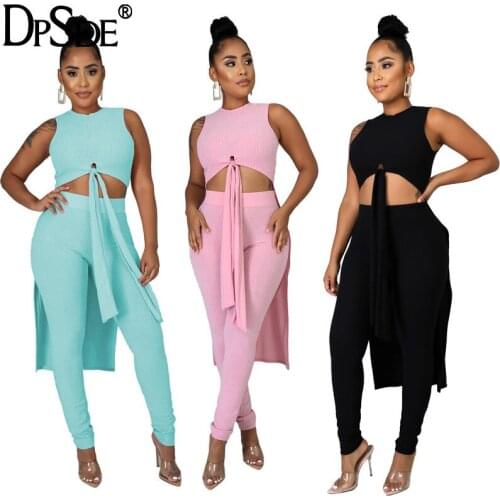 DPSDE 2020 summer women fashion street gril style sleeveless round neck top elastic long pants pure color two piece sets
