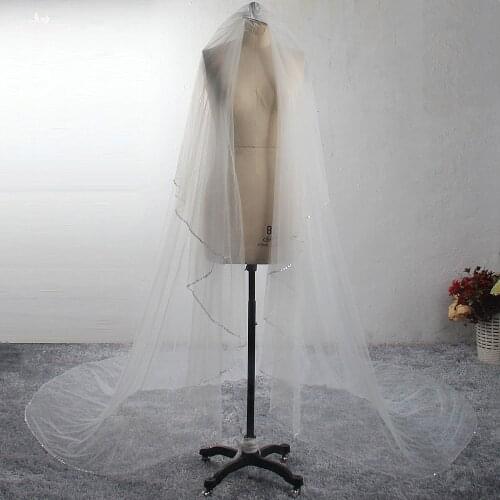 LZP598 Wedding Accessories Sequins Beaded Edge Two Layers Wedding Veil Long Tulle Cathedral Bridal Veil