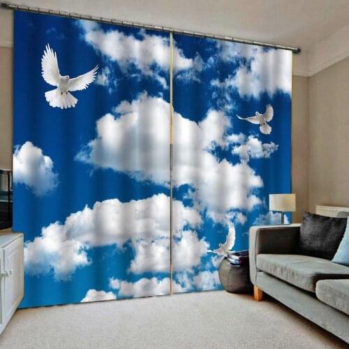Blue sky white cloud curtains Customized size Luxury Blackout 3D Window Curtains For Living Room