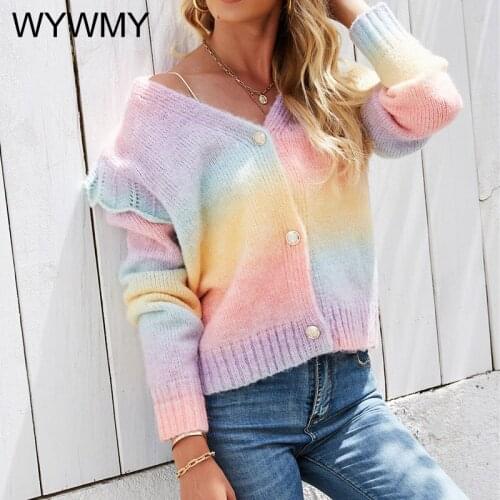 WYWMY Cardigan Women Winter Sweater Rainbow Tie Dyed Button Knitted Cardigan Sweater Fashion Large Size Fungus Edge Sweater Coat