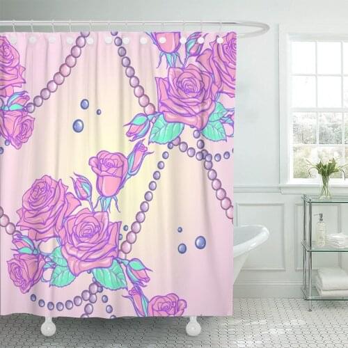 Kawaii Roses Bouquets and Pearl Jewelry Festive Pastel Goth Shower Curtain Waterproof Fabric 60 x 72 Inches Set with Hooks