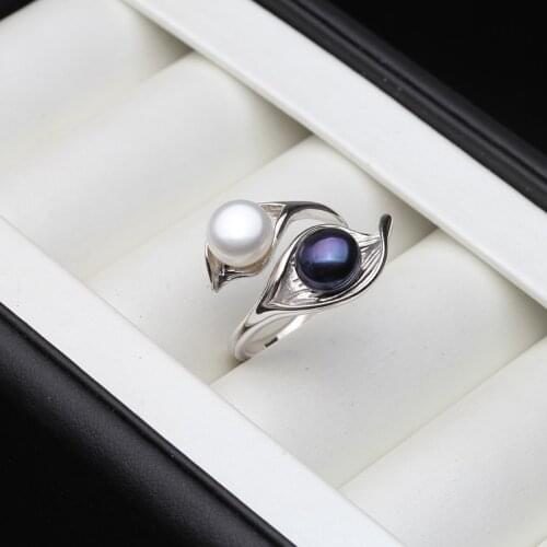 Wedding Real Natural Freshwater White Black Double Pearl Ring Boho Fashion Leaf 925 Sterling Silver Rings For Women