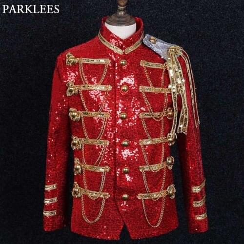 Mens Red Sequin Embellished Military Drummer Jacket Punk Gothic Parade Steampunk Jacket Men Party Singer Show Prom Costume Homme
