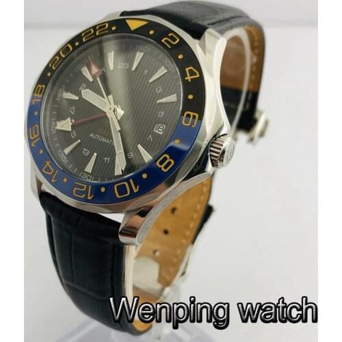 Bliger 41mm mens top mechanical watch sapphire glass ceramics bezel sterile dial GMT date luminous leather automatic watches