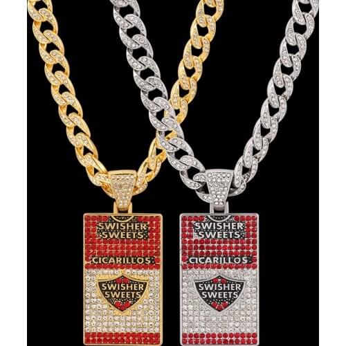 Shield Letter Swisher Sweets Men Jewelry Metal Cuba Chain Necklaces Hip Hop Square Full Rhinestone Fashion Jewelry Gift