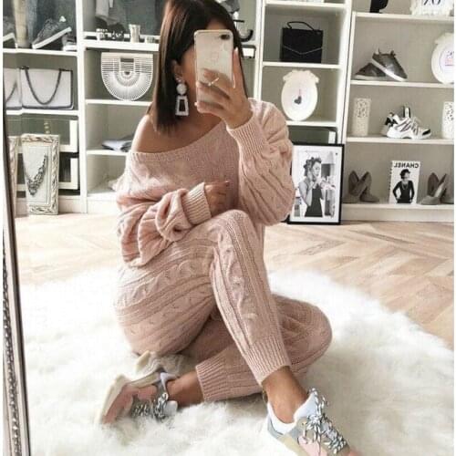 Autumn O-neck Knitwear Womens 2-piece Suit Womens 2-piece New Cotton Sportswear Womens 2-piece Pullover Top + Knitted Pants
