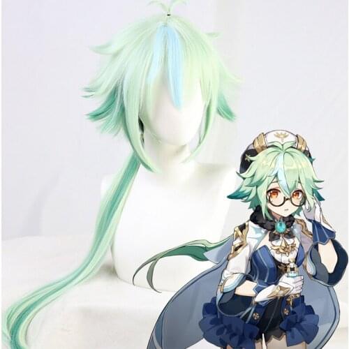 Game Genshin Impact Cosplay Wigs Sucrose Anemo Cosplay Wig Synthetic Wig Green Long Straight Hairs Cosplay Accessory Comic Anime