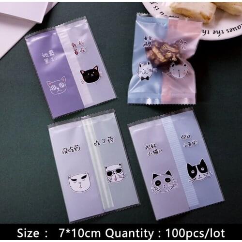 100pcs/lot Cookies Plastic Packaging Bag Cartoon Style Frosted Cute Two Cat Head 4In1 Wedding Party Handmade Biscuit Gift Pack