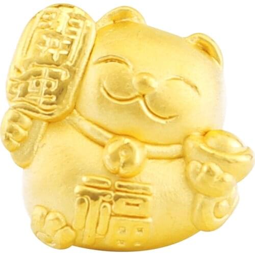 1PCS Real 999 24k Yellow Gold Pendant Unisex 3D Luck Fortunate Cat Bead 1.2-1.4g