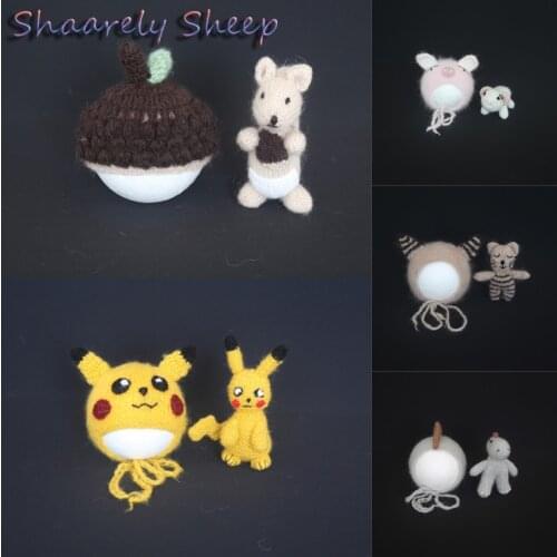 Newborn Photography Props Baby Boy Girl Cartoon Cat Hat+Doll Photoshoot Prop Baby fotoshooting Cap fotografia Accessories