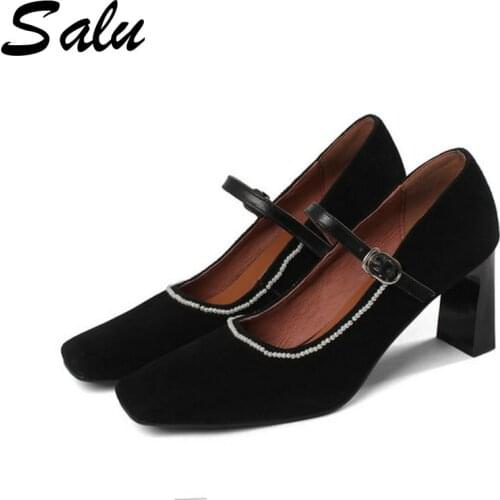 Salu 2021 Spring Women Pumps Pearl Kid Suede Leather High Heels Pumps Fashion Wedding Office Party Shoes Woman Square Toe Size40