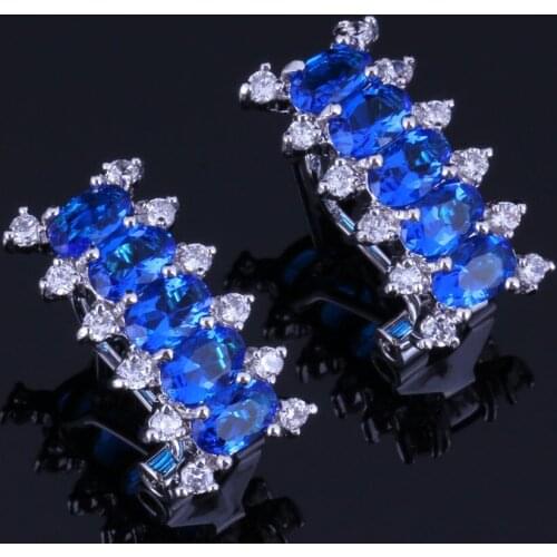 Shining Rectangle Blue Cubic Zirconia White CZ Silver Plated Clip Hoop Huggie Earrings V0915