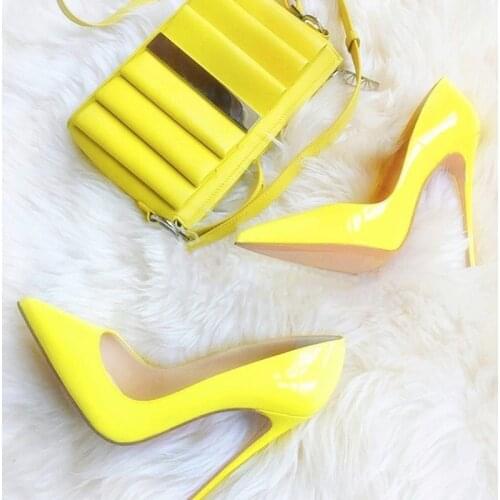 Light Yellow Patent Leather Stiletto High Heels Dress Wedding Shoes Woman Pointed Toe Elegant Pumps Girls Slip-on 12cm Thin Heel