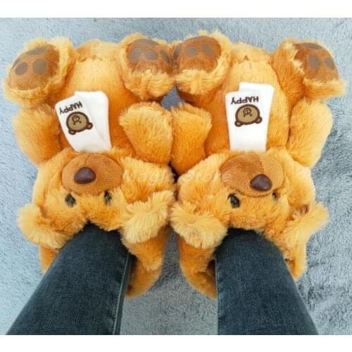 Winter Women Plush Teddy Bear Slippers Household Indoor Non-slip Artificial Fur Floor Home Thick Cotton Warm Shoes Cartoon Soft