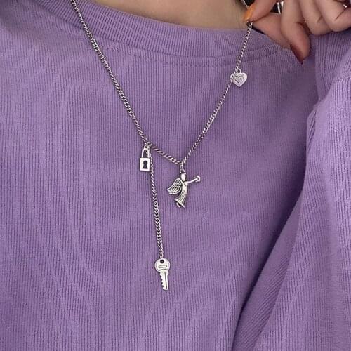 TIMEONLY Romantic Key Angel Love Heart Pendant Necklaces for Women Ladies Hollow Alloy Chain Sweater Jewellery Retro Necklaces