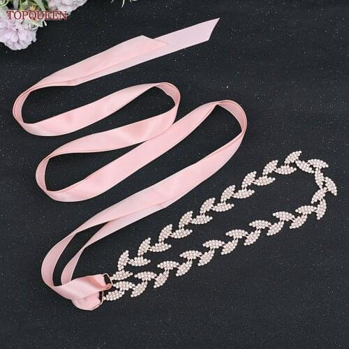 TOPQUEEN S198-RG Rose Gold Wedding Sash Luxury Alloy Leaves Wedding Belt Diamond Belt Bridal Prom Dresses Womens Accessories