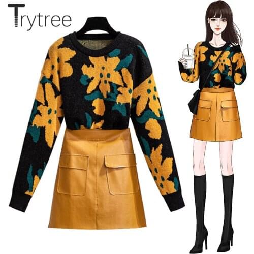 Trytree 2020 Autumn Winter Two Piece Women Set Floral Elastic O-neck Sweater + Pocket Zipper PU Shorts Skirt Casual 2 Piece Suit