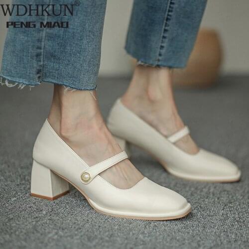 2021 New Fashion Women Shoes Square Toe Mary Janes Shoes Square Heel Dress Shoes Pearl Buckle Pumps High Heels Office Shoe 8557N