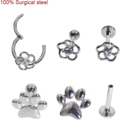100% Surgical Steel Body Jewelry flower Paw Shape Top with CZ Blaze Set Center Internal Thread Labret Tragus Helix Ear Piercing