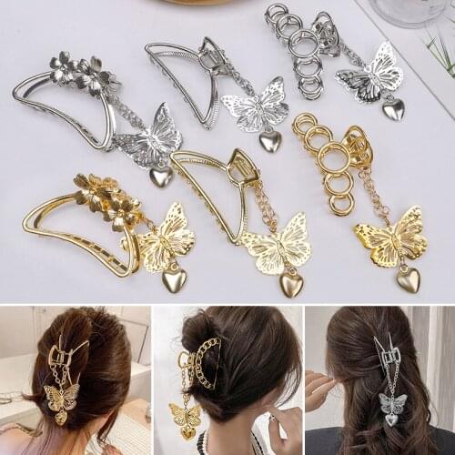 Retro Butterfly Pendant Hair Claw Golden Silvery Trendy Hollow Out Geometric Tassel Hair Clips Metal Chain Hair Accessories