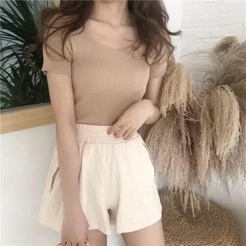 Vintage Female Tops Tee Shirt Summer Casual Solid Knitted Short Sleeve T-Shirt Women Korean Ulzzang V-Neck Elastic T Shirt Vogue