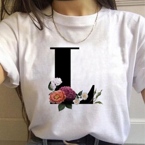 New 26 Alphabet Letter with Flowers Women T-Shirt Harajuku Casual White Tops 2021 Summer Casual Female T-Shirt Eu Size