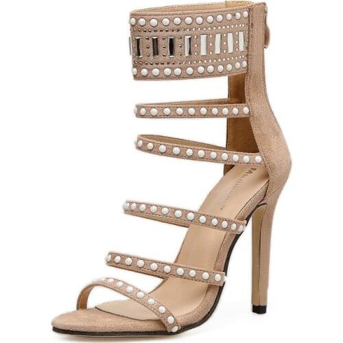 Women Sandals High Heels Summer Brand Party Shoes Round Toe Flock Slip On ZIP Rhinestones zapatos de mujer women shoes size35-42