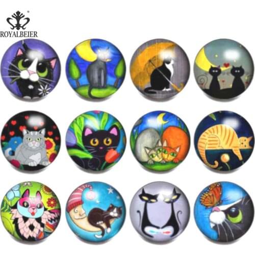 ROYALBEIER HOT 12pcs/lot Mixed Color Lovely Cartoon Art Cat 18mm Snap Button Jewelry Charm Good Quality Women Jewelry KZ1009