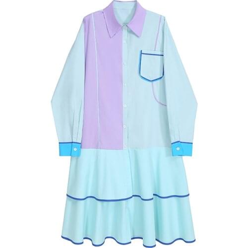 2021 Spring Autumn Girls Women Casual Elegant Office Vintage Korean Long Sleeve Color Block Loose Oversize Slim Midi Shirt Dress