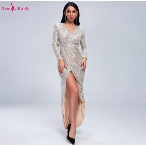 Beauty-Emily V Neck Evening Dresses Long Sleeves Sequins Sexy Simple Long Back Front Short Party Dress Vestido de noche