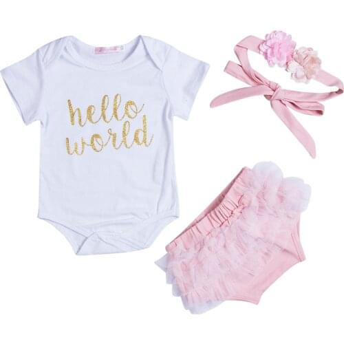 2020 Sweet Newborn Baby Girl Clothes HELLO Letter Print Short Sleeve Top Romper+Tulle Lace Tutu Shorts Pink Skirt Headband 3pcs