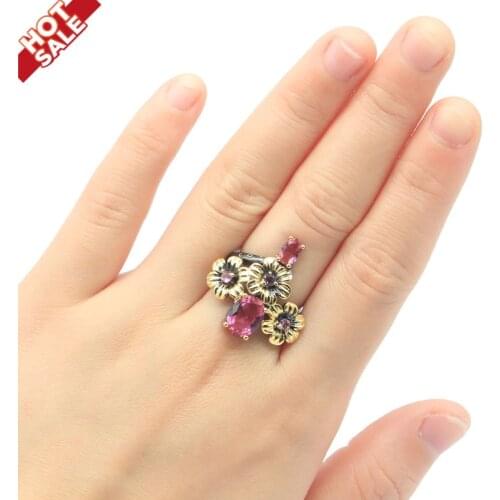 24x24mm Gothic Unique Design Vintage Created Pink Tourmaline Cool Black Gold Silver Ring For Women Rings Daily Wear