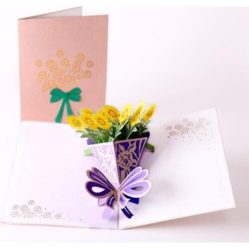 3D Laser Cut Handmade Bunch of Yellow Sunflowers Paper Greeting Cards PostCard Mothers Fathers Day Birthday Creative Gift