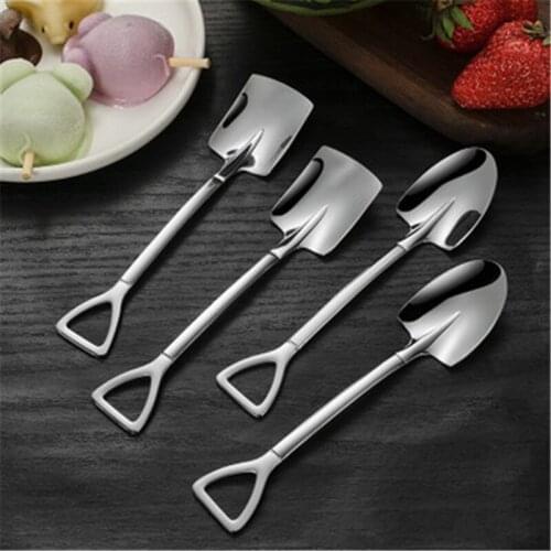 4PCS/set Stainless Steel Iron Shovel Spoon Coffee Ice Cream Spoon Engineering Shovel Retro Cute Square Head Spoon Kitchen Gadget