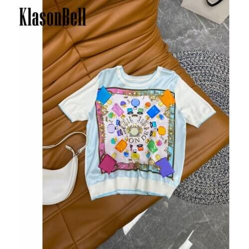 7.5 KlasonBell Silk T-Shirt Women Patchwork Knitted Print Pattern Fashion Tee